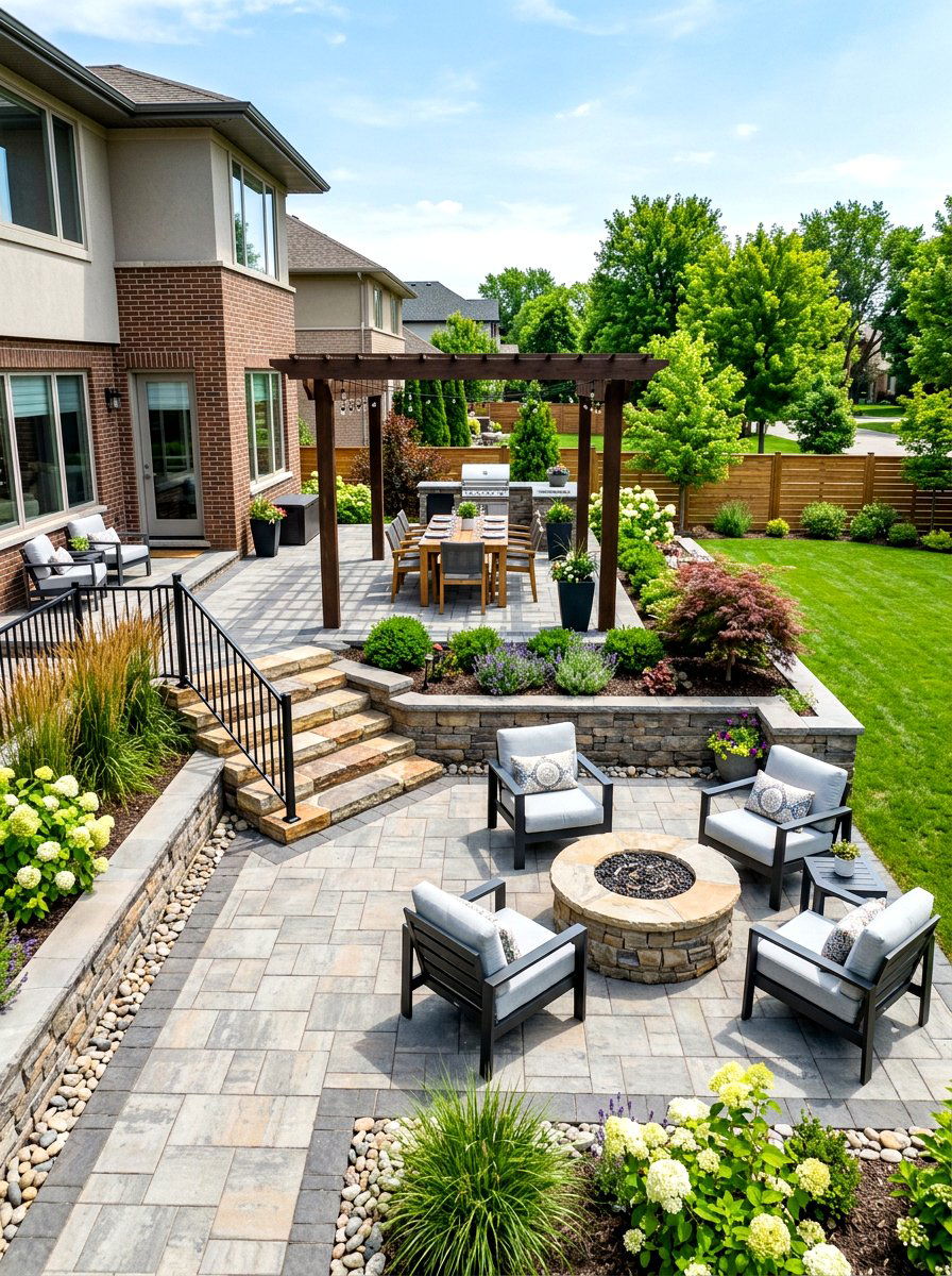 Multi level paver patio - 30 backyard fireplace seating ideas