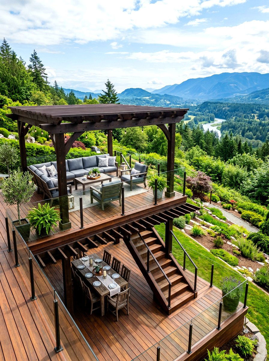 Multi level pergola deck seating - 30 open pergola seating ideas