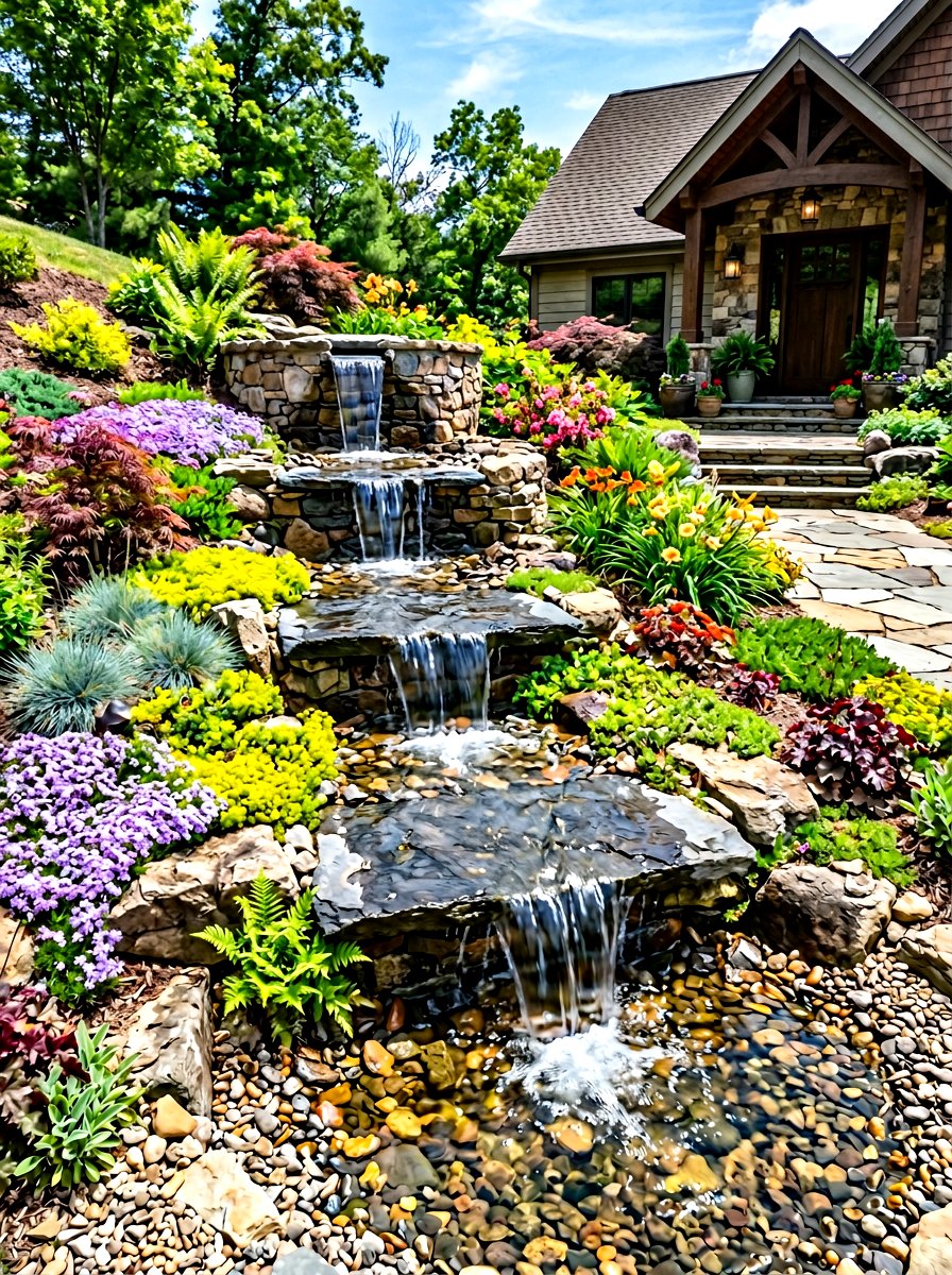 Multi level spillway - 30 front yard water feature ideas