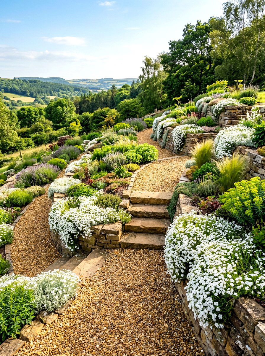 Multi level terraced gravel garden - 30 gravel border garden ideas