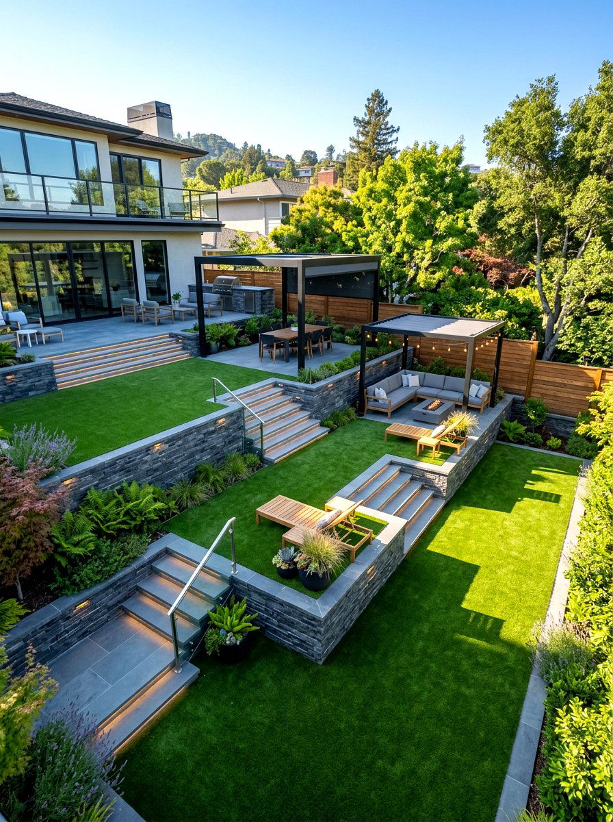 Multi level turf backyard - 30 artificial turf backyard ideas