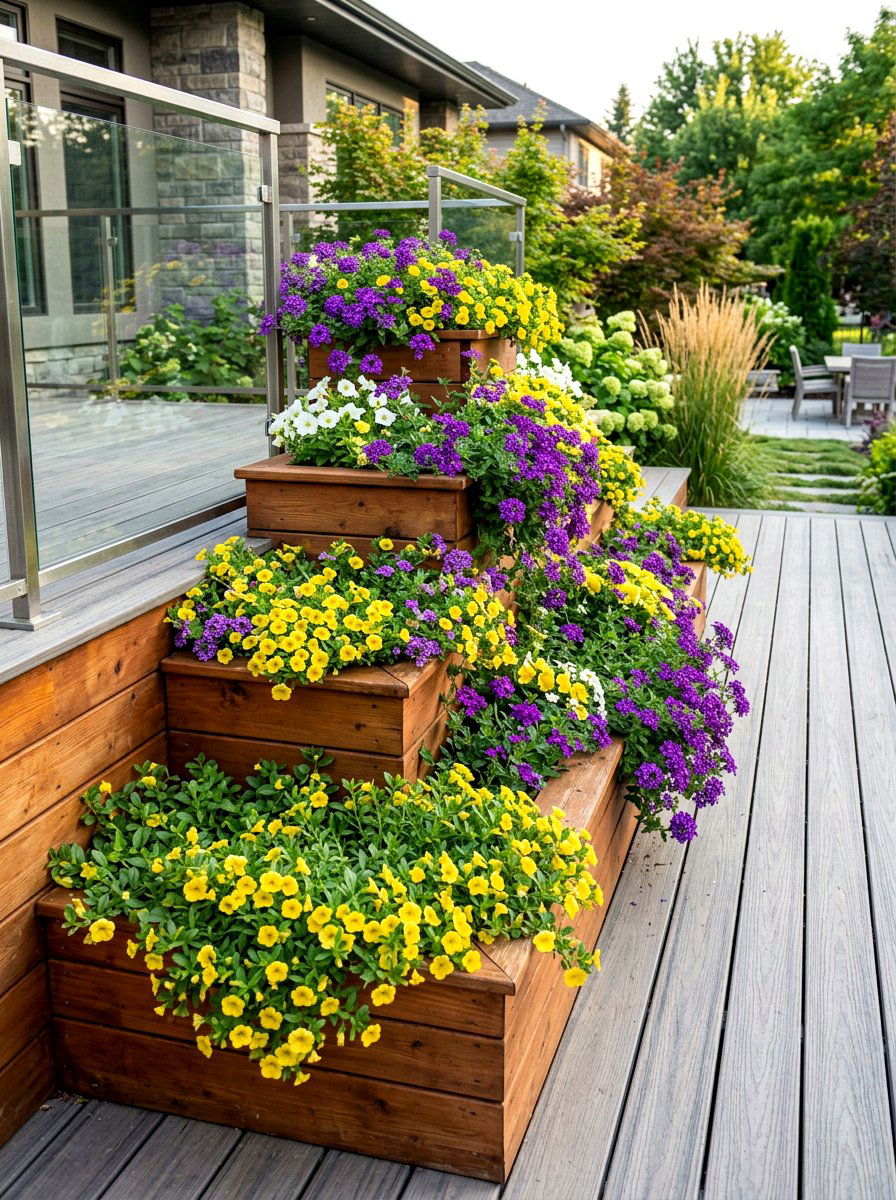 Multi level wooden flower bed - 30 flower bed layout ideas