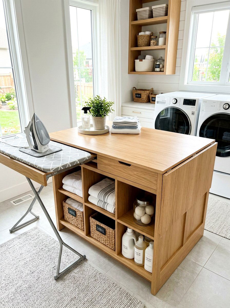 Multi purpose laundry table with ironing board - 30 ironing board storage ideas