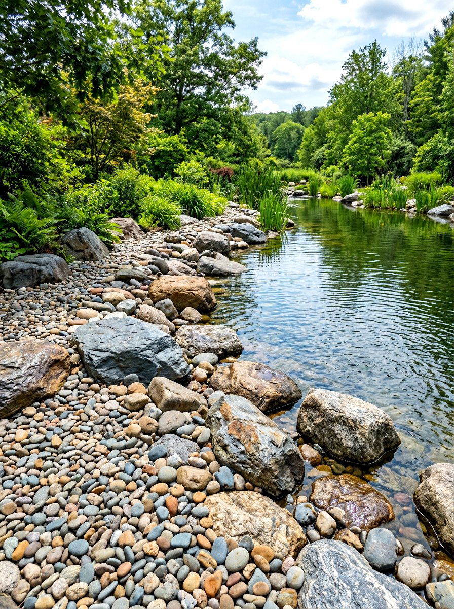 Multi size river stone - 30 pond landscaping ideas