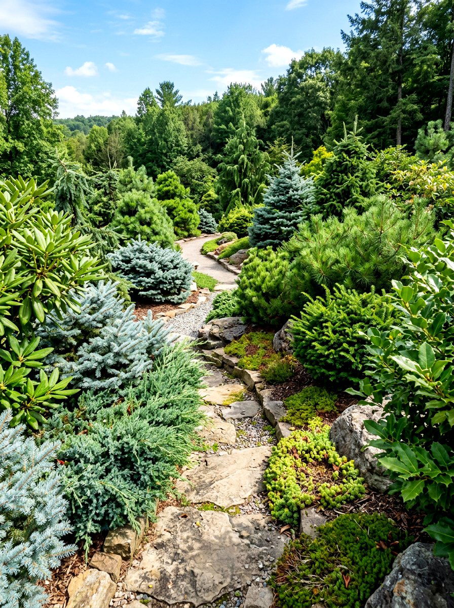 Multi textured evergreen garden - 30 evergreen front yard ideas