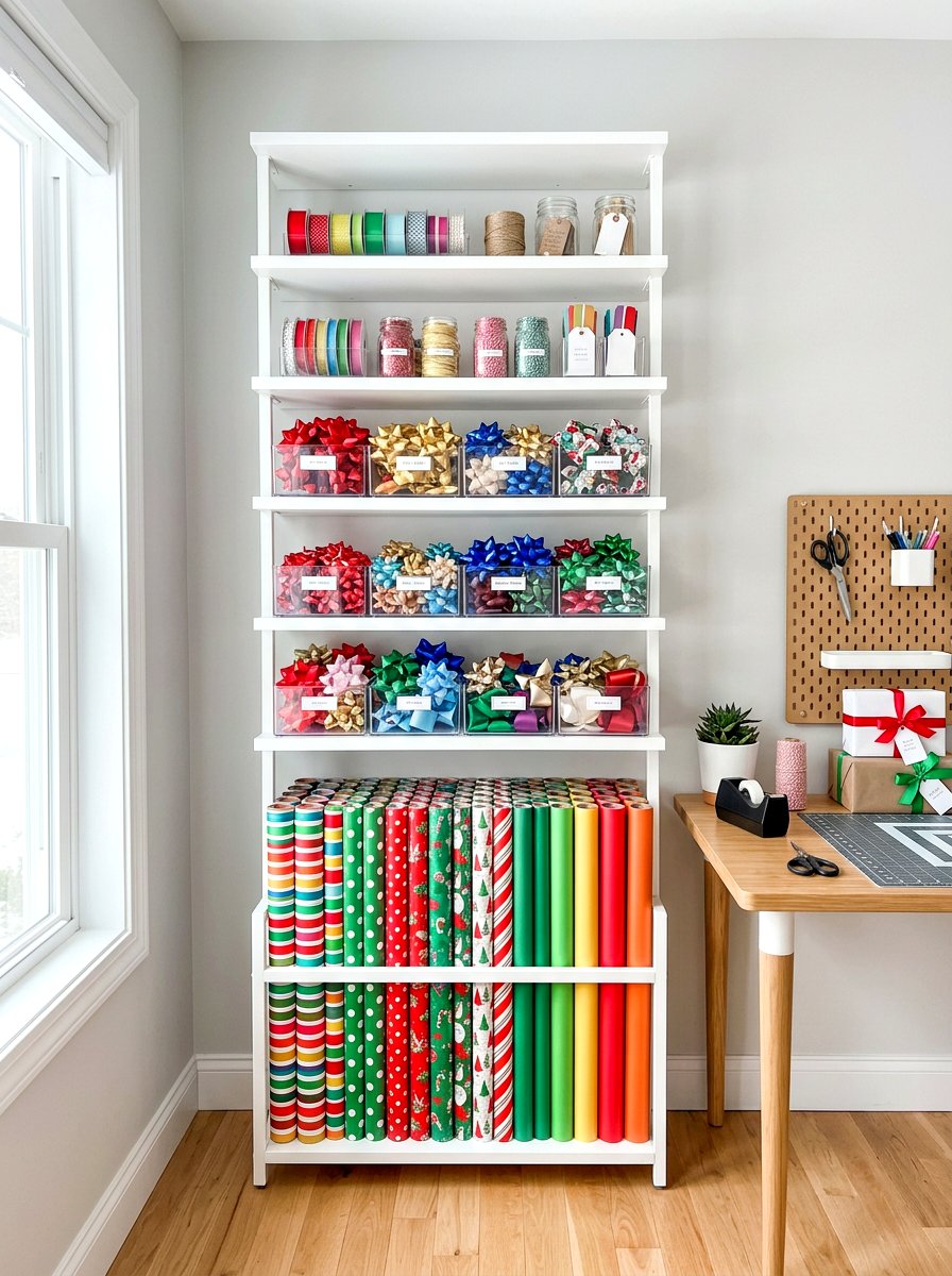 Multi tiered gift wrap shelf - 30 gift wrapping station ideas