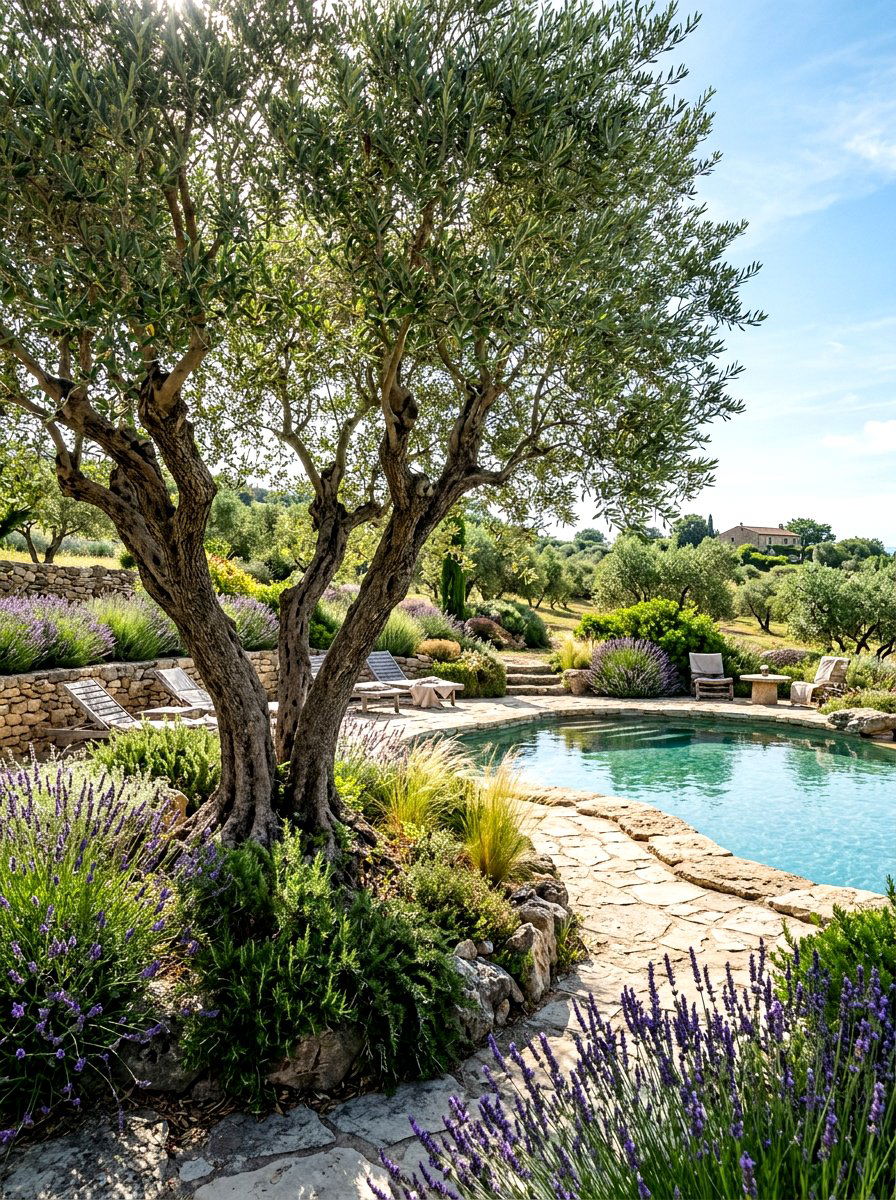 Multi trunk olive tree pool garden - 30 poolside olive trees ideas