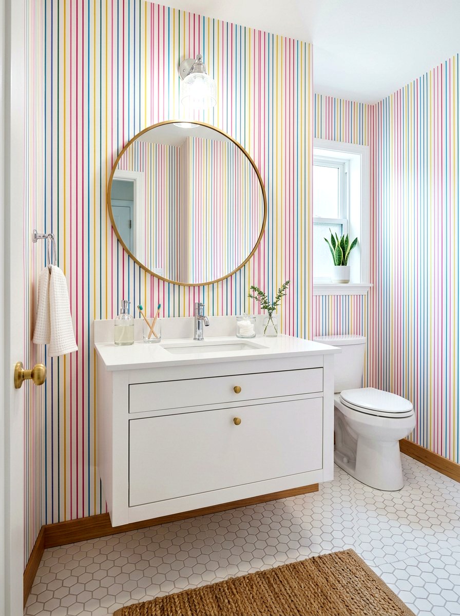 Multicolor pinstripe wallpaper - 30 striped powder room ideas