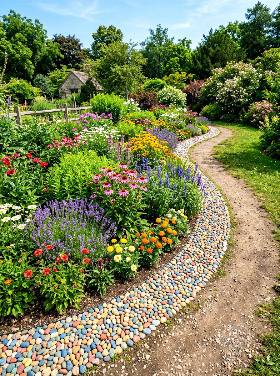 Multicolored Pebble Border - 30 rock border garden ideas