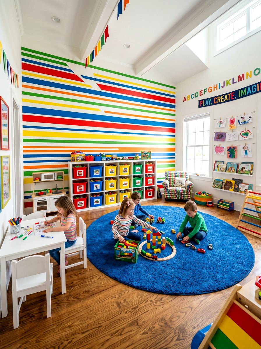Multicolored Playroom - 30 striped wall ideas