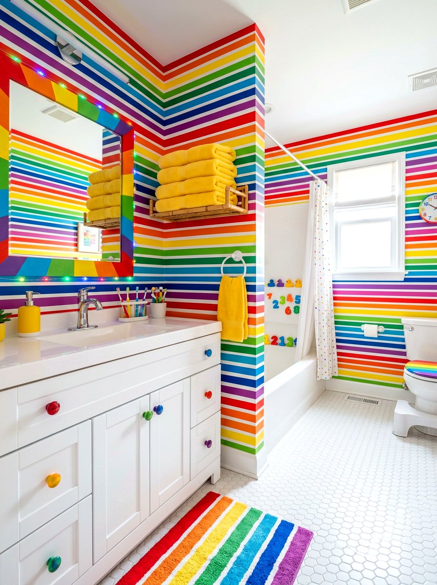 Multicolored Rainbow Striped Kids Bathroom - 30 striped bathroom wallpaper ideas