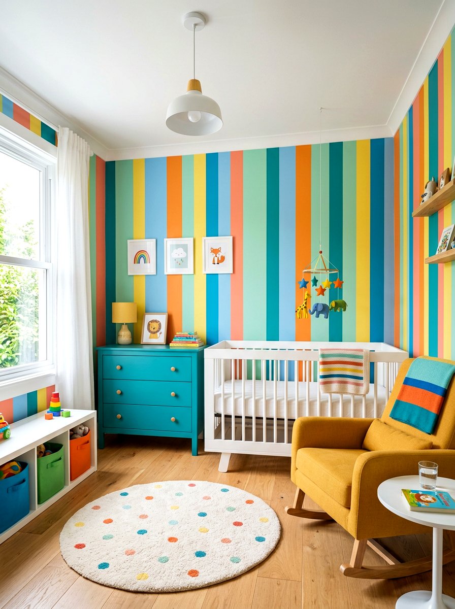 Multicolored Vertical Stripe Nursery - 30 stripe nursery wallpaper ideas
