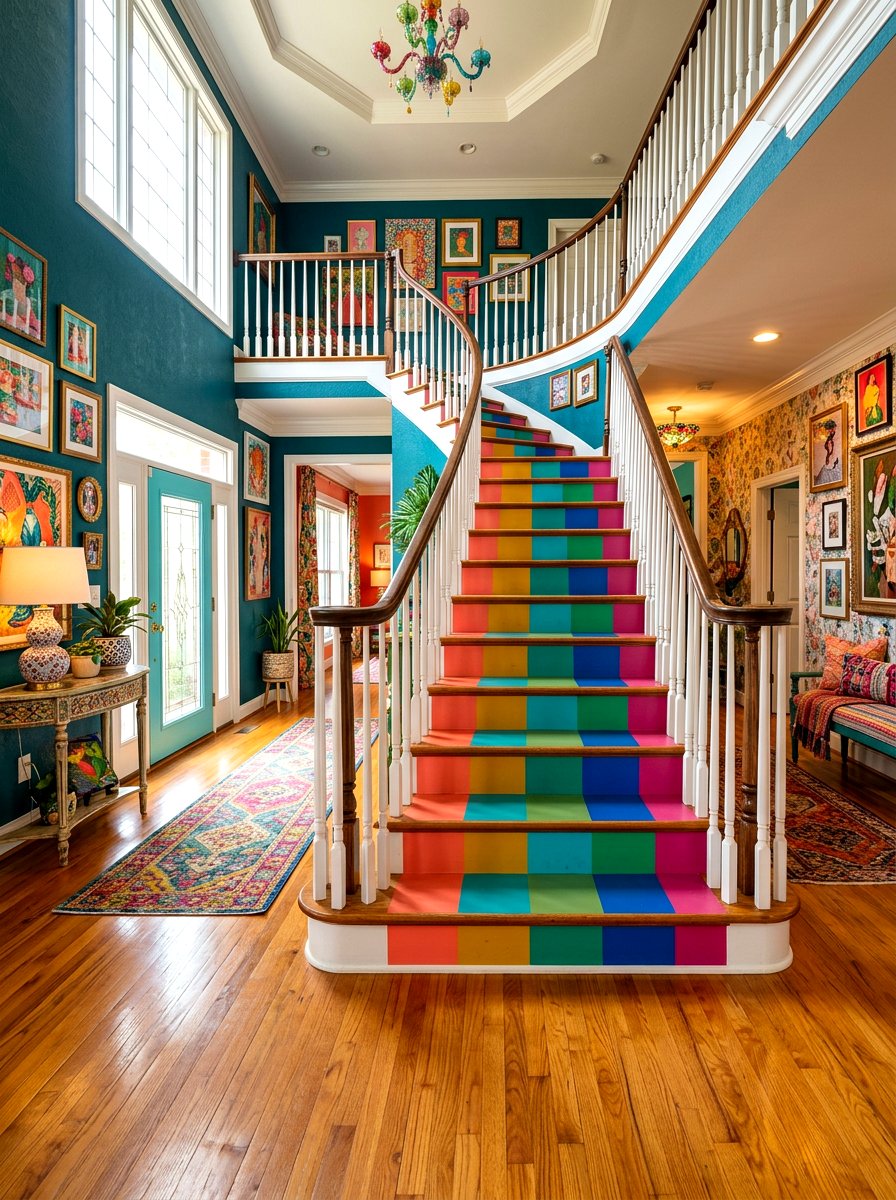 Multicolored checkerboard staircase - 30 bright checkerboard decor ideas