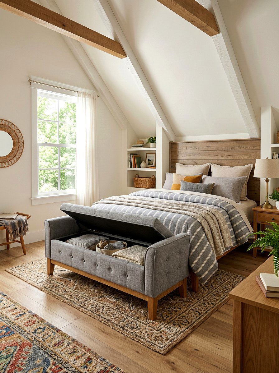 Multifunctional storage benches - 30 attic bedroom storage ideas