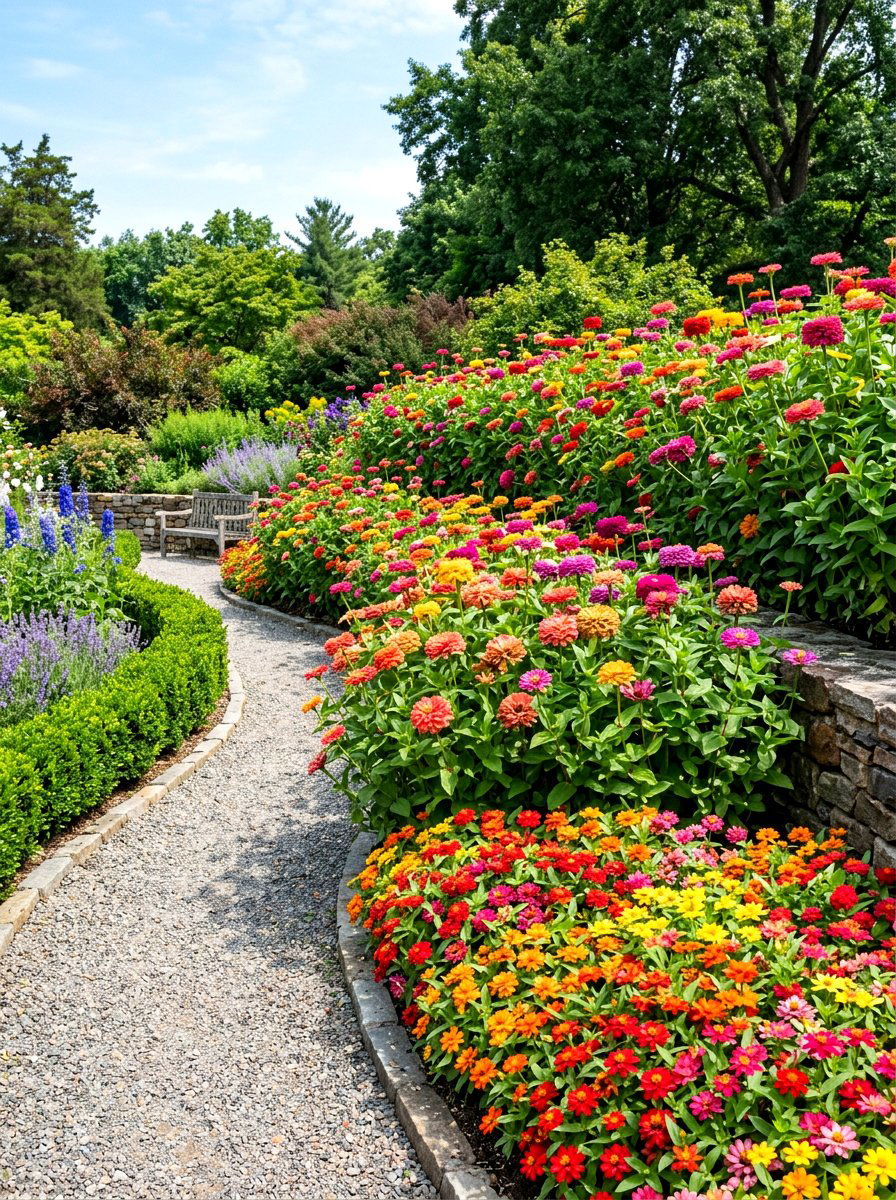 Multilayered Zinnia Flower Garden - 30 zinnia border ideas