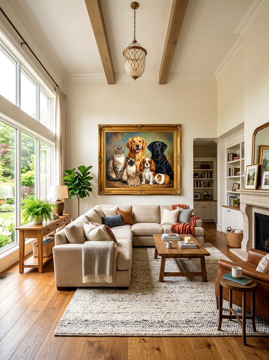 Multiple pet family portrait painting - 30 pet portrait wall ideas