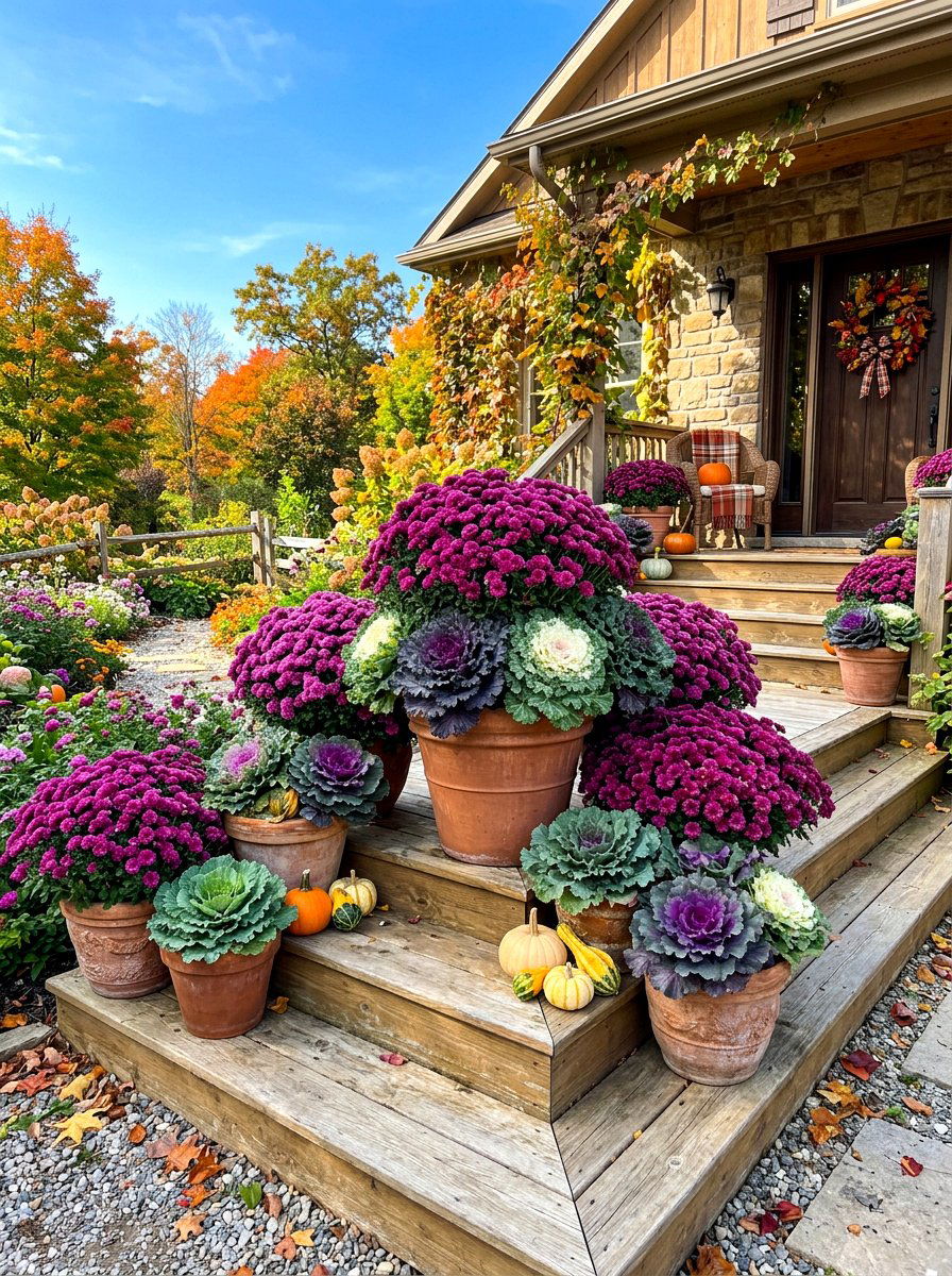 Mums And Cabbage Porch - 30 natural autumn porch ideas