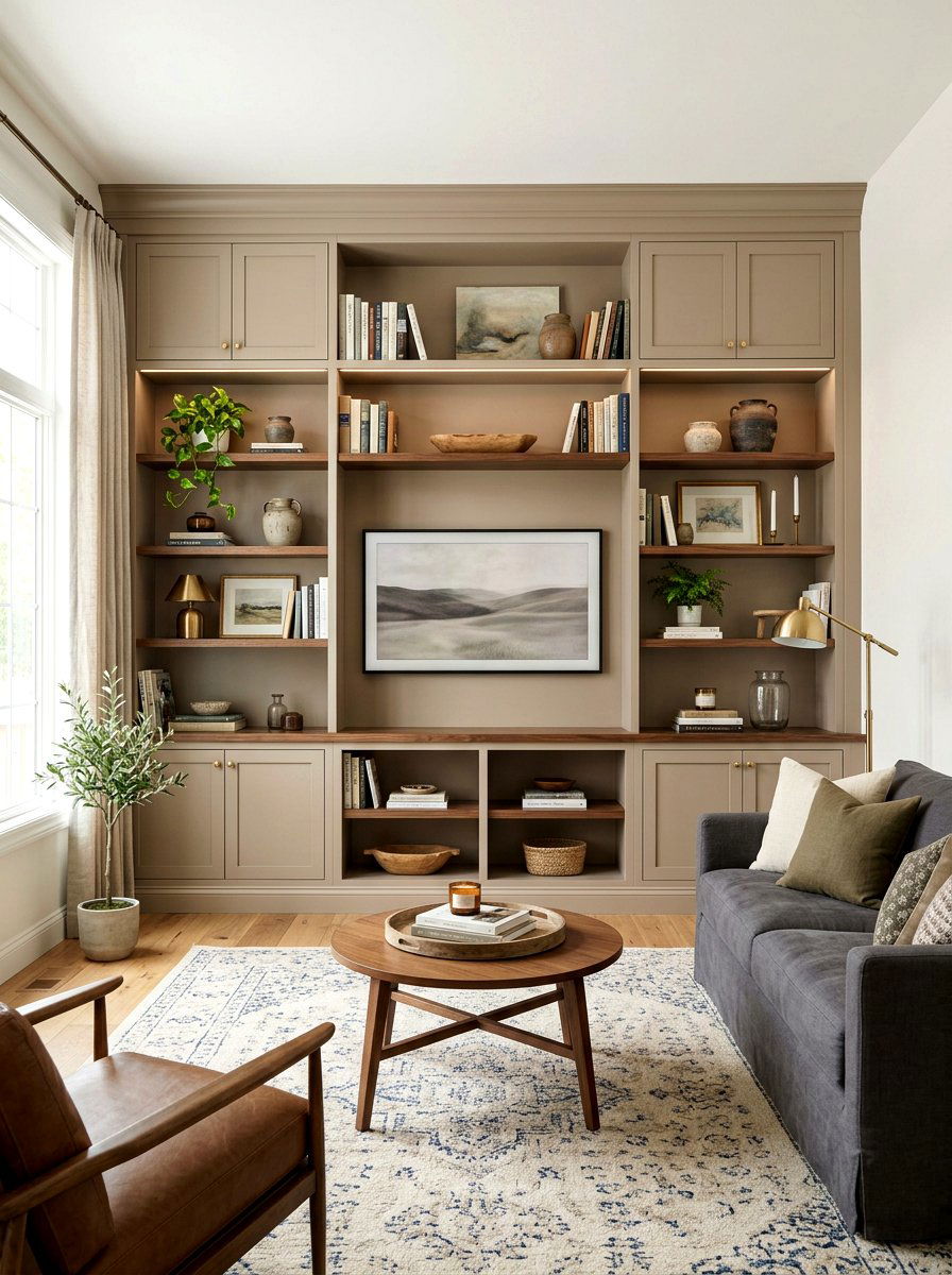 Mushroom Built In Cabinets Walnut Shelves - 30 mushroom and walnut living room ideas