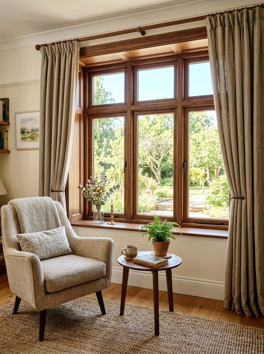 Mushroom Curtains Walnut Window Frames Living Room - 30 mushroom and walnut living room ideas