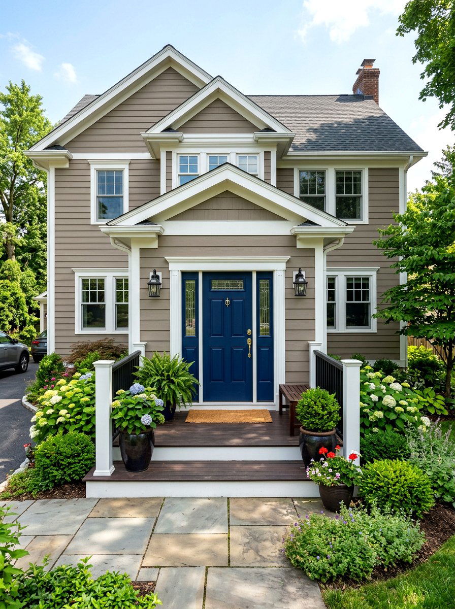 Mushroom Siding With Navy Door - 30 mushroom exterior paint ideas