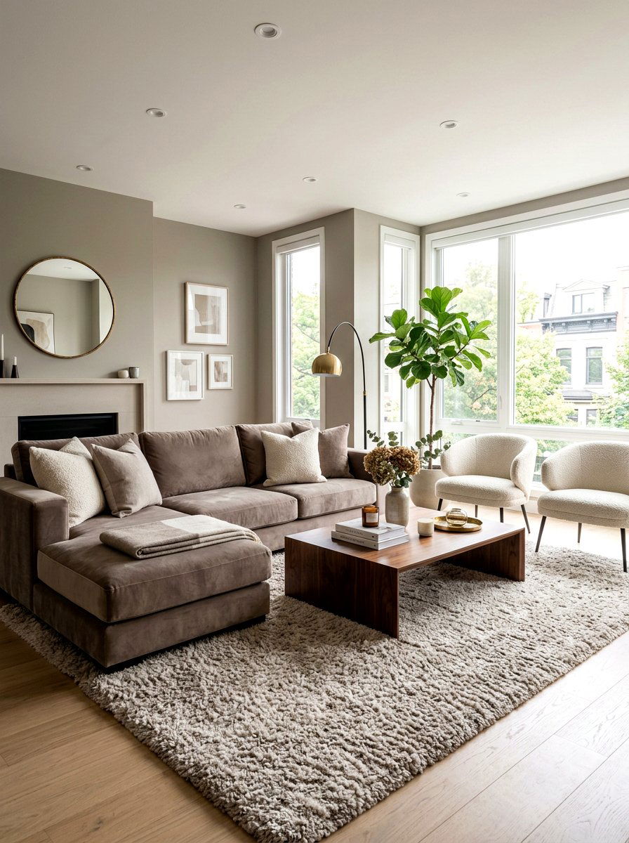 Mushroom Velvet Sofa Walnut Coffee Table - 30 mushroom and walnut living room ideas