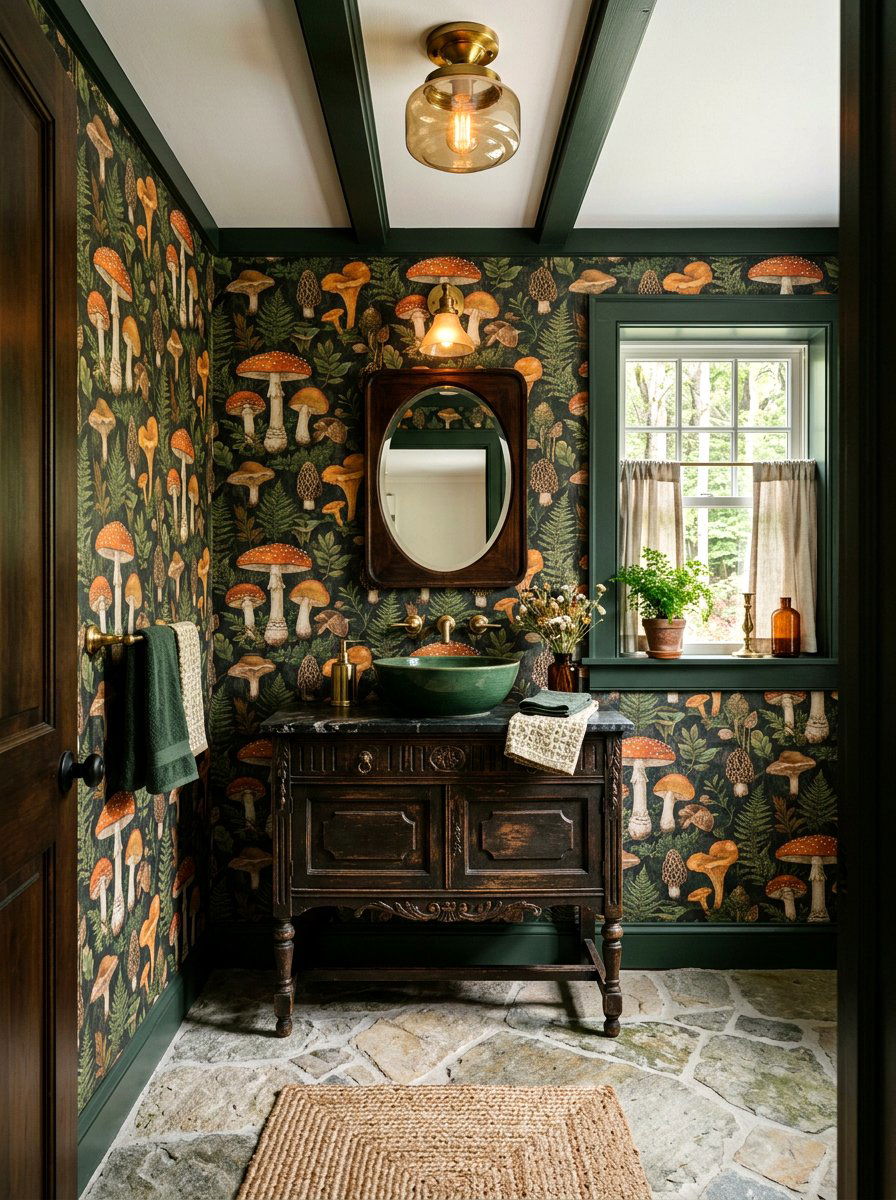 Mushroom Wallpaper Powder Room - 30 mushroom powder room ideas