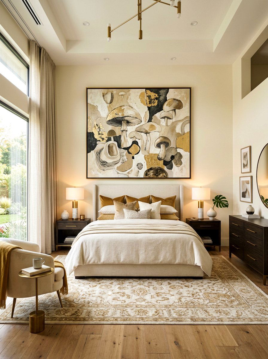 Mushroom and cream bedroom with abstract art - 30 mushroom and cream bedroom ideas