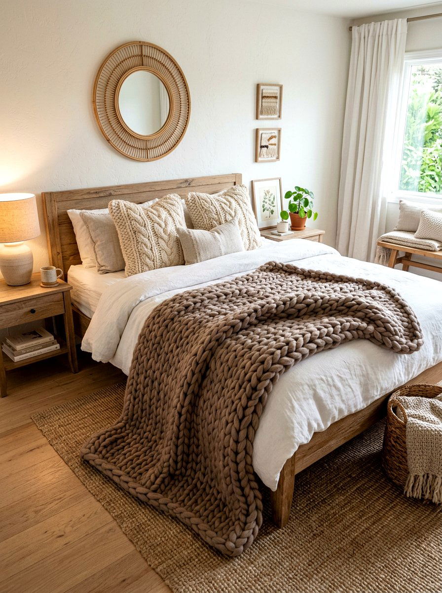 Mushroom and cream bedroom with chunky knits - 30 mushroom and cream bedroom ideas
