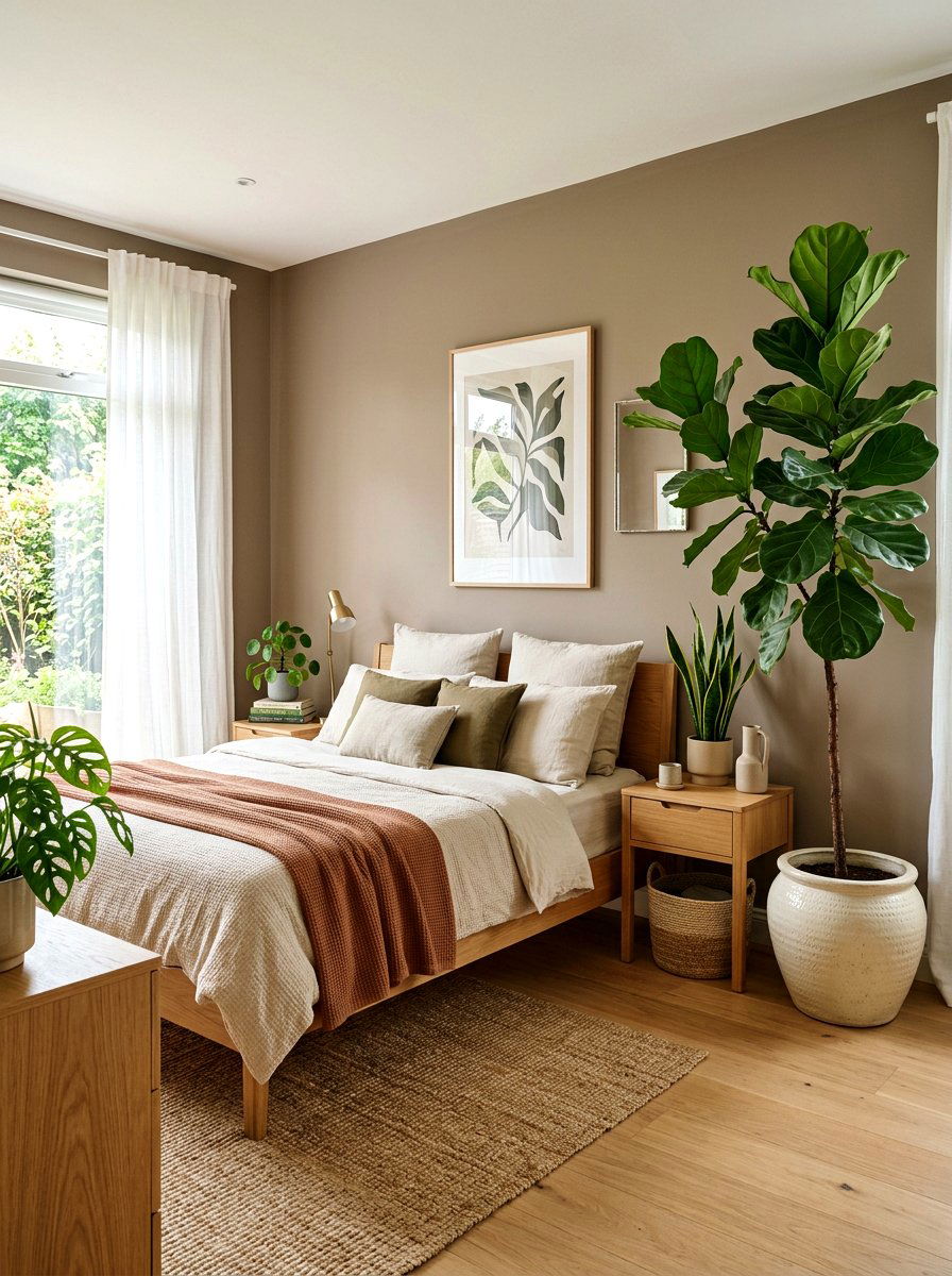 Mushroom and cream bedroom with indoor plants - 30 mushroom and cream bedroom ideas