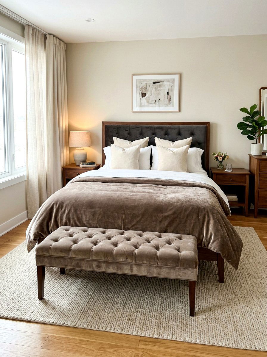 Mushroom and cream bedroom with velvet textures - 30 mushroom and cream bedroom ideas