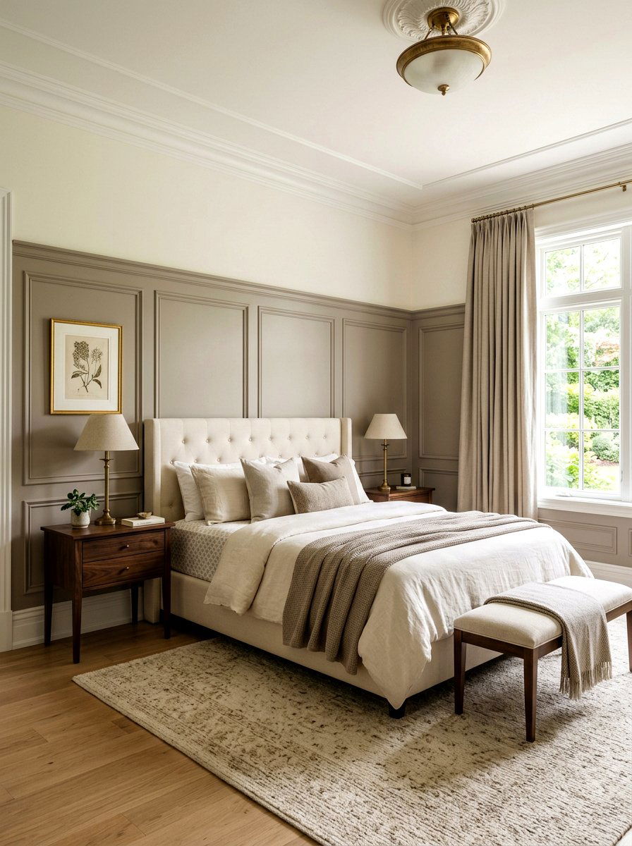 Mushroom and cream bedroom with wall paneling - 30 mushroom and cream bedroom ideas