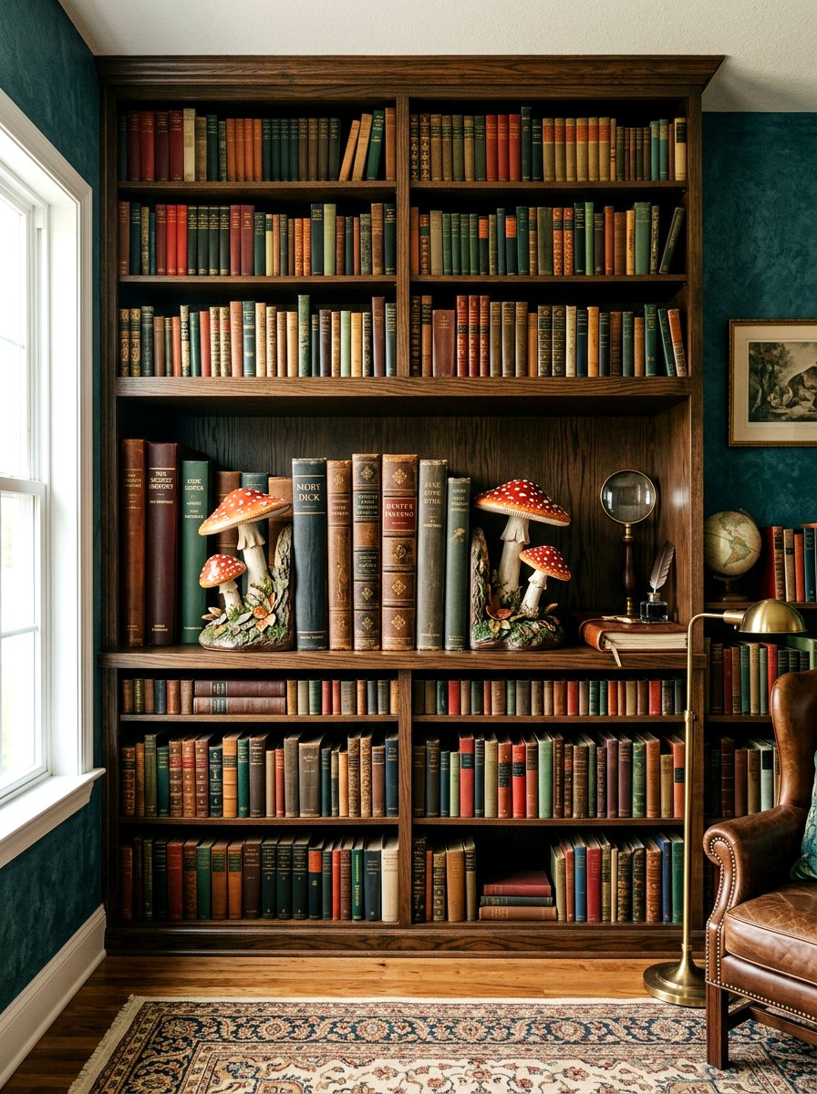Mushroom bookshelf vignette - 30 mushroom fall decor ideas