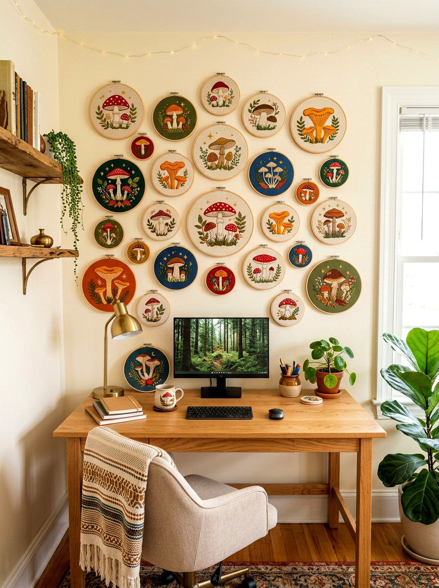 Mushroom embroidery wall display - 30 mushroom fall decor ideas