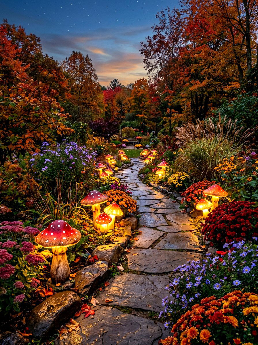 Mushroom garden lantern path - 30 mushroom fall decor ideas