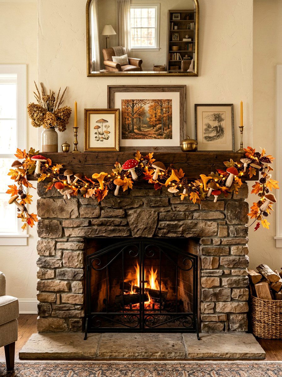 Mushroom garland mantle display - 30 mushroom fall decor ideas