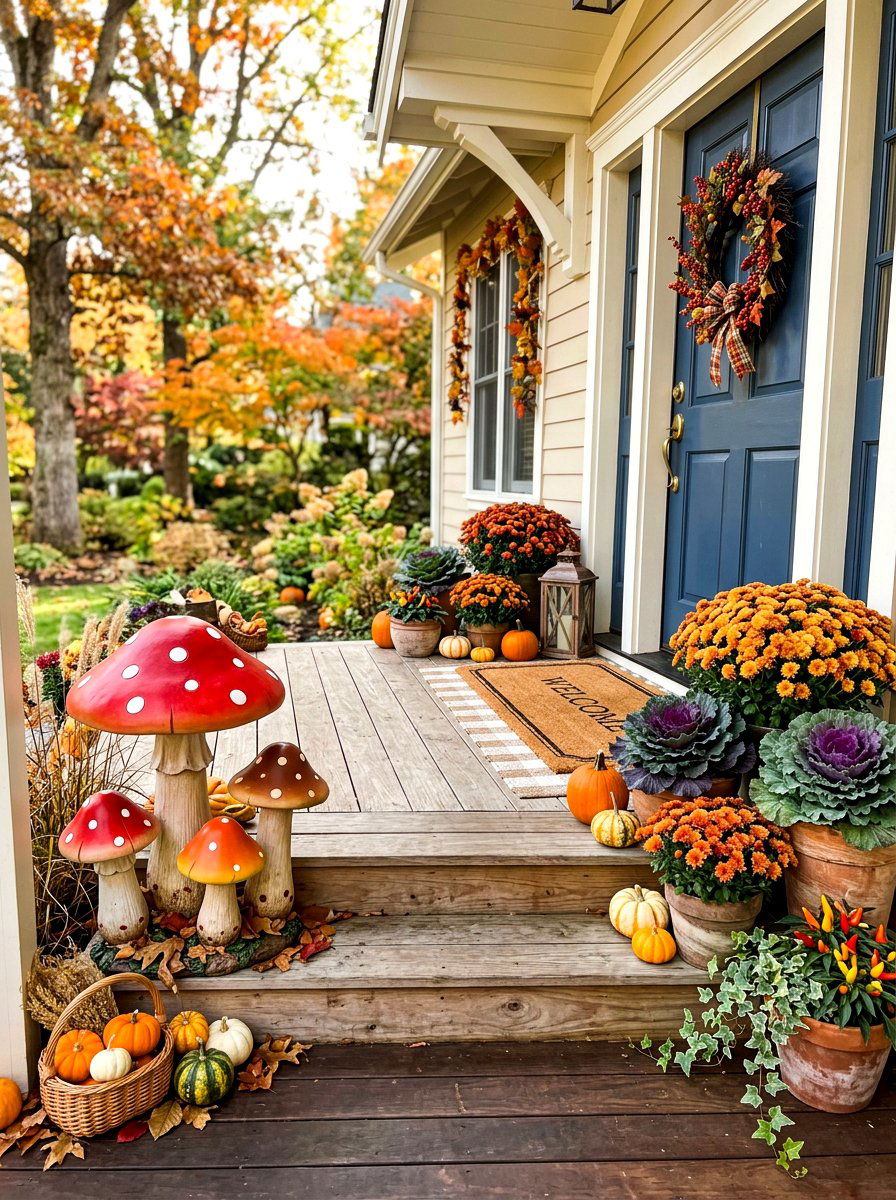 Mushroom porch step display - 30 mushroom fall decor ideas