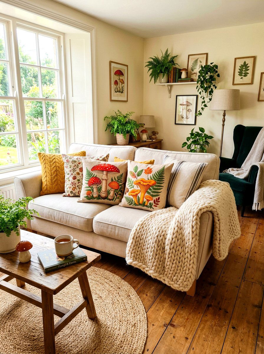 Mushroom throw pillow lounge - 30 mushroom fall decor ideas