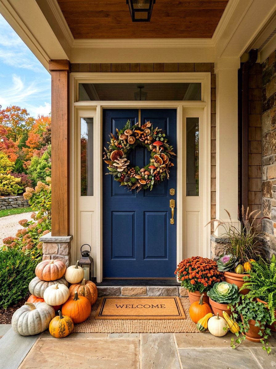 Mushroom wreath front door - 30 mushroom fall decor ideas