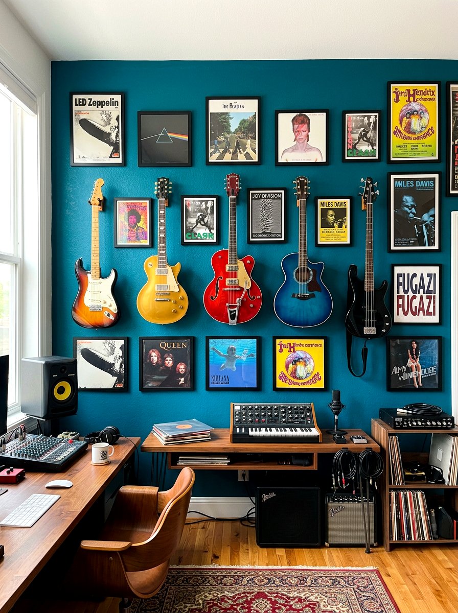 Music room gallery wall - 30 guitar wall display ideas