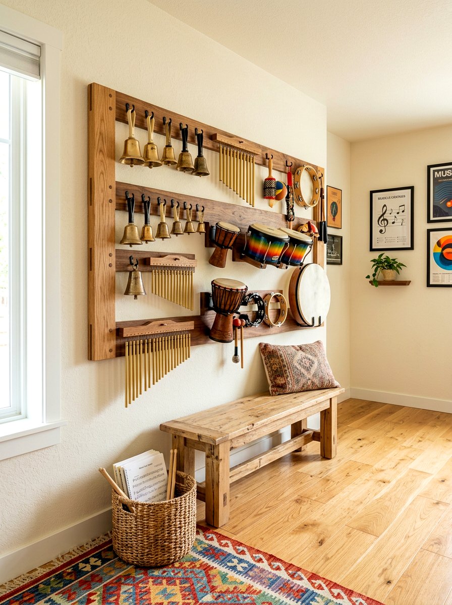 Musical instrument wall rack - 30 Montessori playroom aesthetic ideas