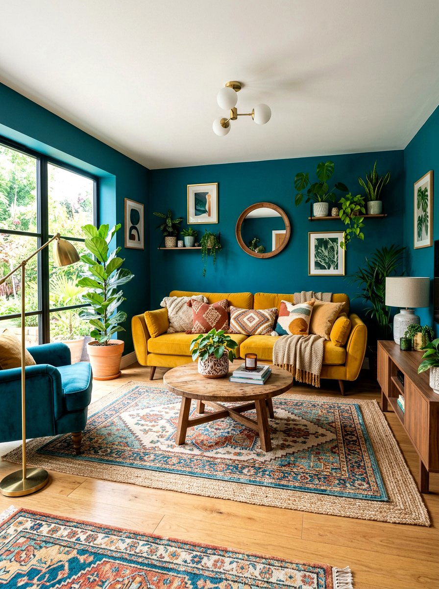 Mustard And Teal Living Room - 30 jewel tone living room ideas