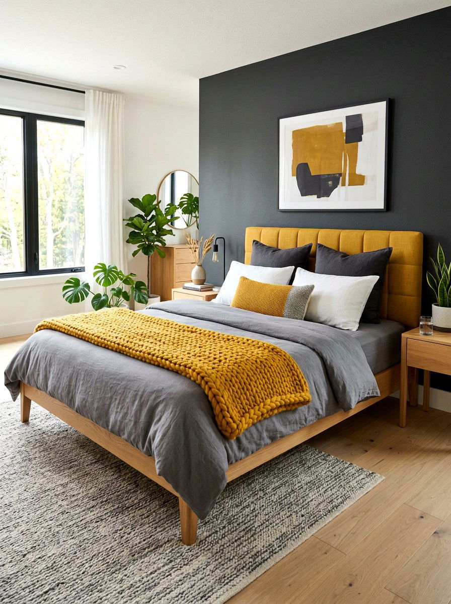 Mustard Yellow Accent Bed - 30 cozy bedscape ideas