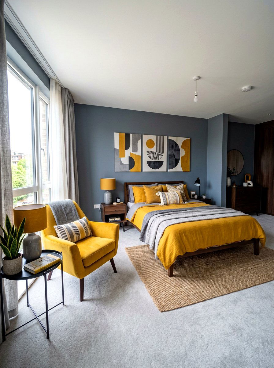 Mustard Yellow And Slate Grey Bedroom - 30 bedroom color scheme ideas