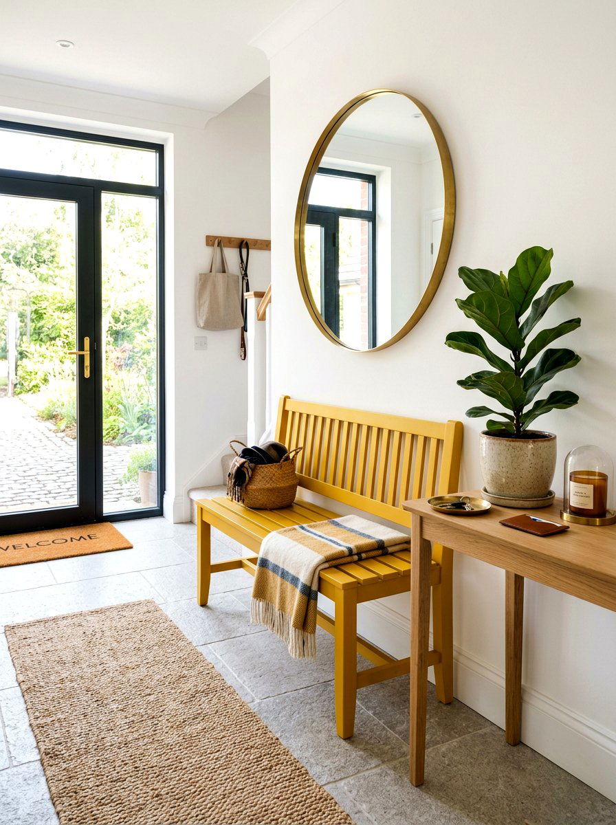 Mustard Yellow Entryway Bench - 30 mustard decor ideas