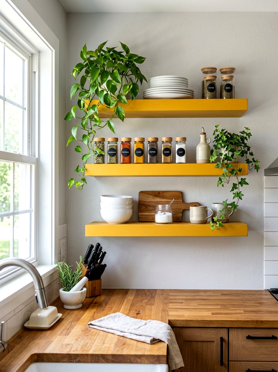 Mustard Yellow Floating Shelves - 30 mustard decor ideas