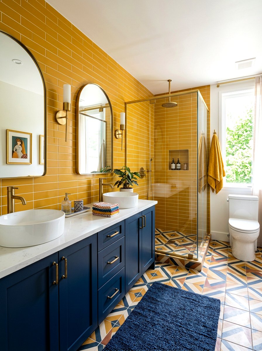 Mustard Yellow Stacked Tile Bathroom - 30 stacked tile bathroom ideas