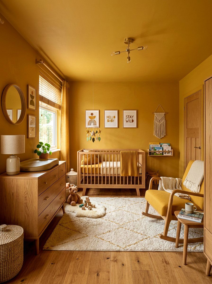 Mustard and Wood Nursery - 30 color drenched kids room ideas