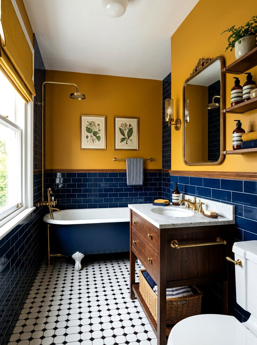 Mustard and navy bathroom - 30 color blocked bathroom ideas