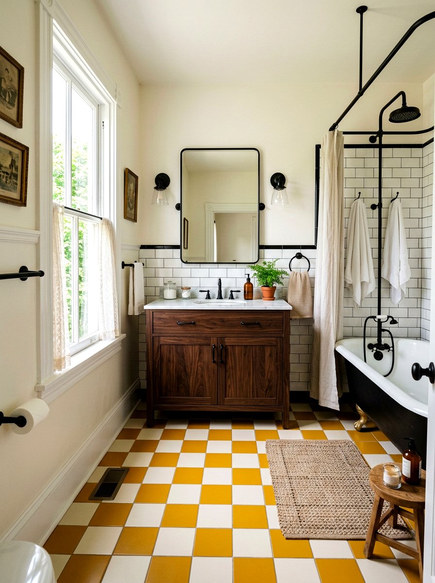 Mustard yellow and white checkered tile - 30 checkerboard bath floor ideas