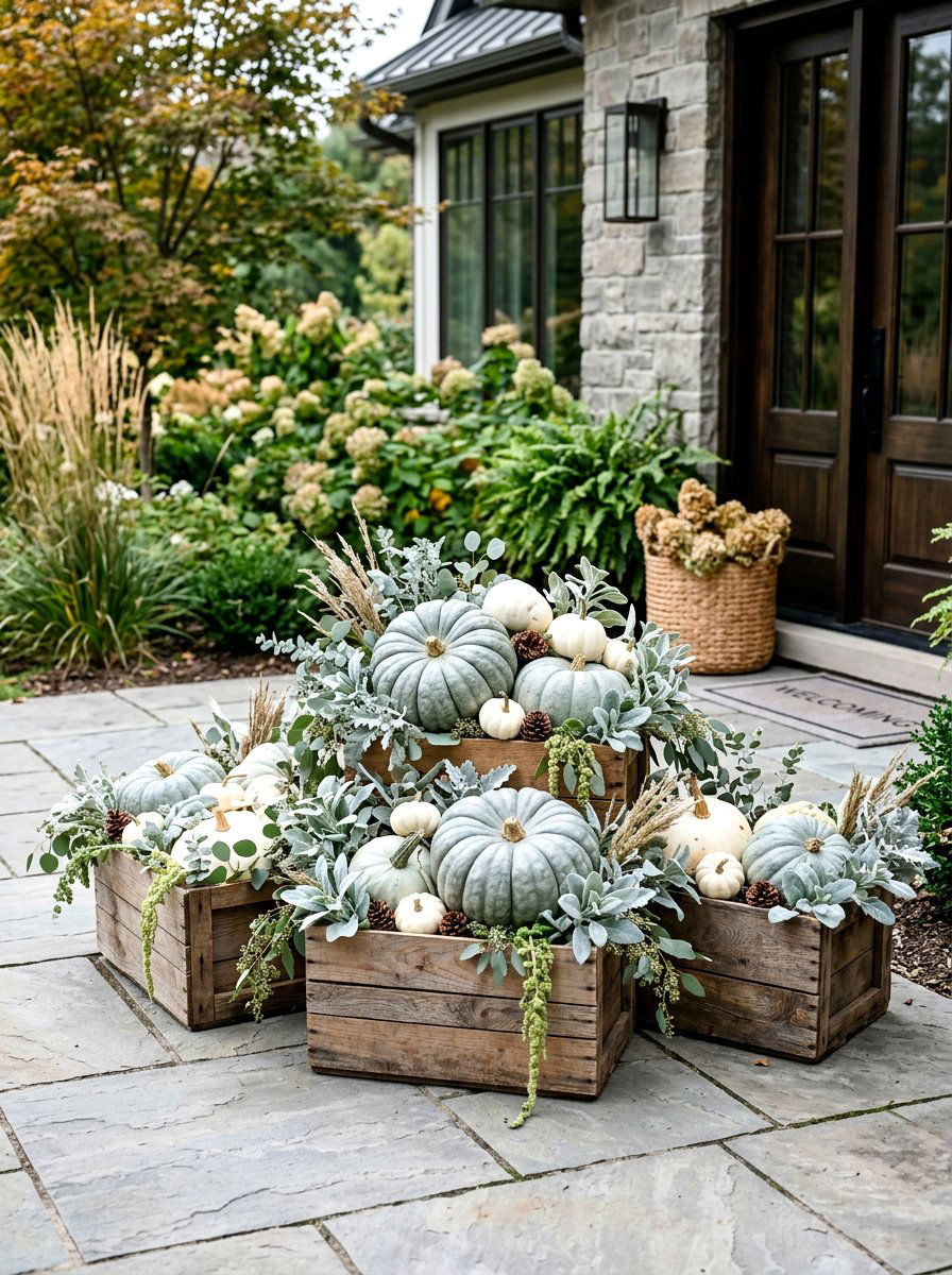 Muted Blue Pumpkin Decor - 30 fall front porch ideas